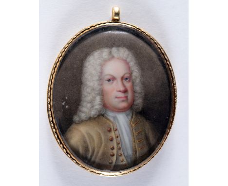 ABRAHAM SEAMAN Portrait of a gentleman wearing yellow suit, head &amp; shoulders, enamel;  4 x 3.5 cms