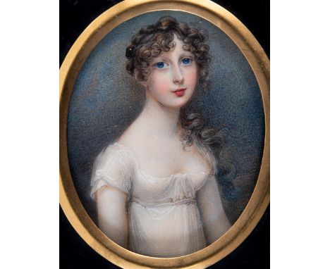 ANNE MEE Portrait of a girl with blue eyes and wearing white dress, half length, on ivory;  7.25 x 5.75 cms