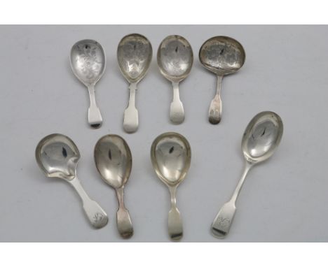 FOUR ANTIQUE FIDDLE PATTERN CADDY SPOONS with engraved bowls and four other Fiddle pattern caddy spoons with plain bowls, mix