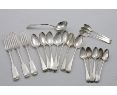 GEORGE III YORK-MADE FLATWARE:- A set of seven Old English pattern dessert spoons, initialled "W", by Prince &amp; Cattles, Y