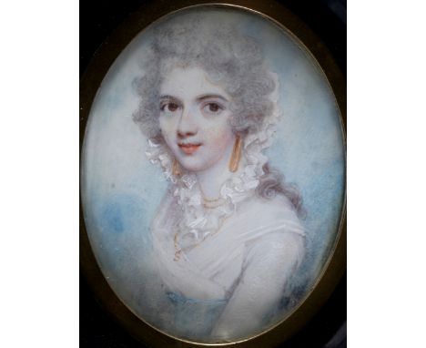 ATTRIBUTED TO ANNE MEE AFTER COSWAY Portrait of a lady wearing white dress and blue sash, half length, on ivory;  4 x 3 cms