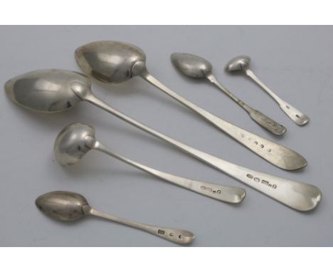 FIVE VARIOUS SCOTTISH PROVINCIAL SPOONS AND A TODDY LADLE (two pieces initialled), all by John Heron of Greenock, with variou