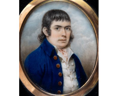 NATHANIEL PLIMER Portrait of a gentleman wearing blue coat, half length, on ivory;  7.25 x 6 cms