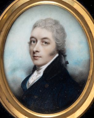 ANDREW PLIMER Portrait of a gentleman, Mr Ward, wearing dark blue jacket, head &amp; shoulders, on ivory;  7.5 x 6 cms