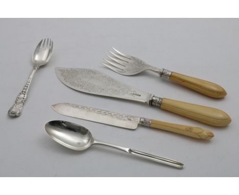 A VICTORIAN ENGRAVED FISH-SERVING KNIFE &amp; FORK with ivory Bead pattern handles, by H., Wilkinson &amp; Co., Sheffield 187