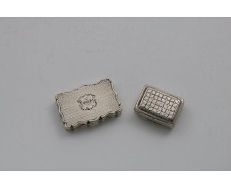 A VICTORIAN ENGRAVED VINAIGRETTE  of shaped oblong outline with engine-turning and a gilt interior, initialled "EMS", by Will