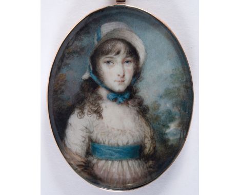 ENGLISH SCHOOL Portrait of a girl wearing straw bonnet tied with blue ribbon and blue sash, half length, on ivory; 7.25 x 5.5