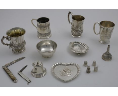 A MISCELLANEOUS LOT TO INCLUDE:- Four various Christening mugs (each one with a dedication/inscription), a small sugar bowl, 