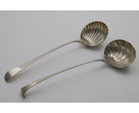 A GEORGE III FEATHER-EDGE SOUP LADLE with an Onslow scroll terminal and a fluted bowl, initialled "IF" on the back of the ste