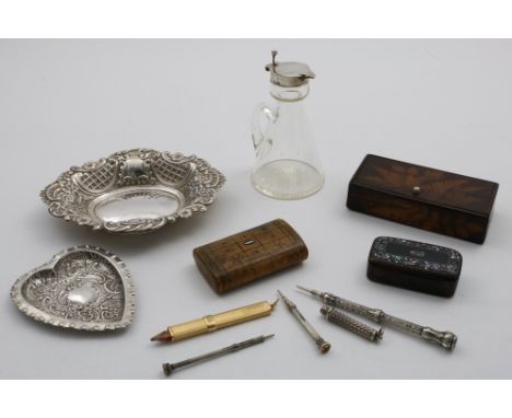 A MIXED LOT:- Two bonbon dishes, a mounted glass whisky tot, a papier-mache snuff box, a stencilled wooden box, a wooden, puz