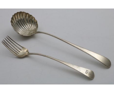 A GEORGE III SERVING FORK Old English pattern with six tines, crested, by George Smith &amp; William Fearn, London 1787 and a