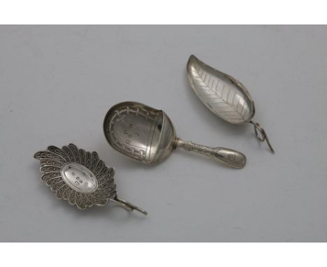 A RARE "DOUBLE DUTY" MARKED LEAF CADDY SPOON by Joseph Taylor, Birmingham 1797, another caddy spoon with stylised plumage or 