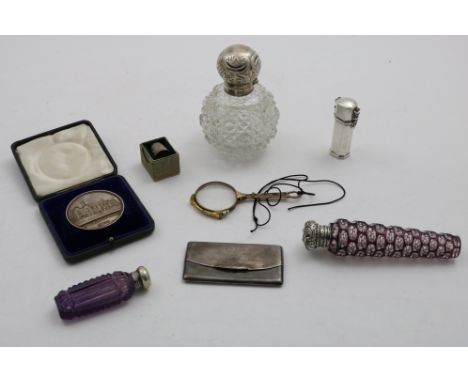 A MIXED LOT:- A Birmingham mint "Queen Mary;s Club medal" (cased), a Victorian mounted cut-glass scent bottle "flashed" with 