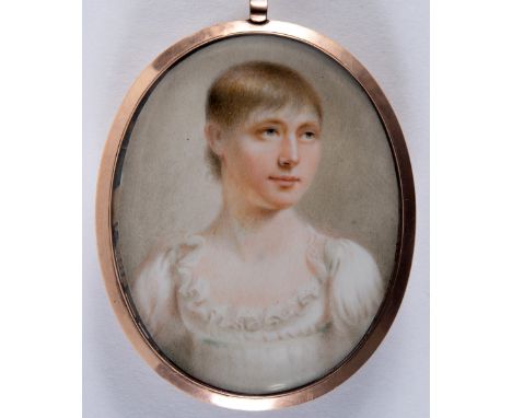 JOSEPH PASTORINI Portrait of a girl wearing white dress, half length, on ivory;  6.5 x 5.25 cms