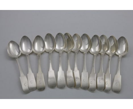 A SET OF TWELVE GEORGE IV SCOTTISH FIDDLE PATTERN TABLE SPOONS initialled "J", by Alexander Henderson, Edinburgh 1823;  21.6 