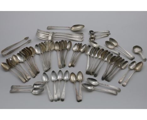 BRIGHT-CUT FLATWARE:- A set of six George III tea spoons, initialled "EC", by Langlands and Robertson of Newcastle, a set of 