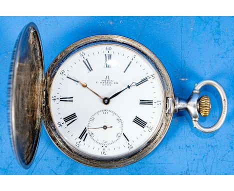 Antike OMEGA-Herrentaschenuhr, flaches 800er Silber-Gehäuse mit 3 Deckeln, die äußeren Deckel mit teils verputztem Tula-Strei