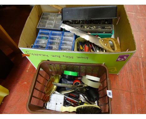 Box of garage items, screwdrivers, hole punch, screws, fixings, small toolbox and contents etc