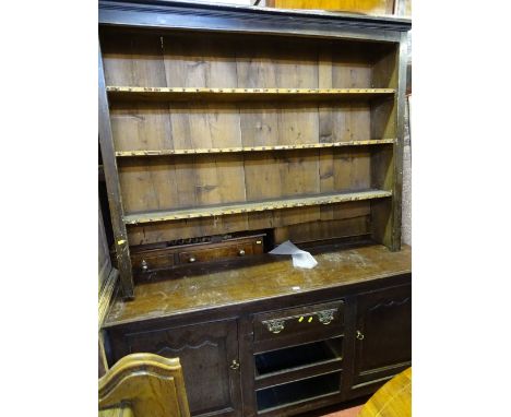 Dresser base with two cupboards and three drawers and a non-matching three shelf top