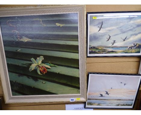 Signed prints - 'Estuary Dawn' and another similar stamped and signed WINSTON? and a still life print by TREKCHIKO