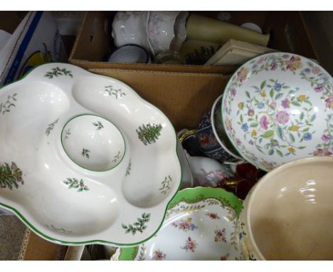 Two boxes of mixed porcelain including a Minton 'Haddon Hall' pedestal bowl, Spode 'Christmas Tree' hors d'oeuvres dish, Coal