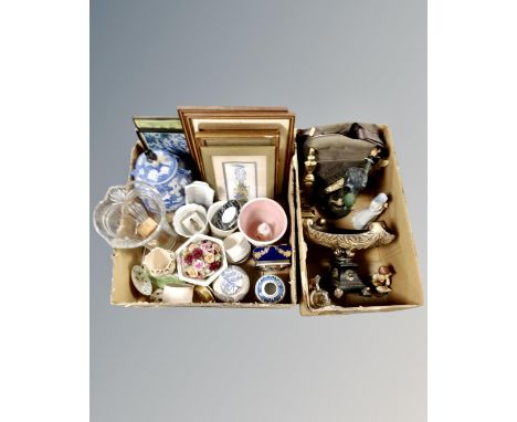 Two boxes containing ornate plaster fruit bowl on stand, figures, china flower posies, blue and white lamp base, pictures and