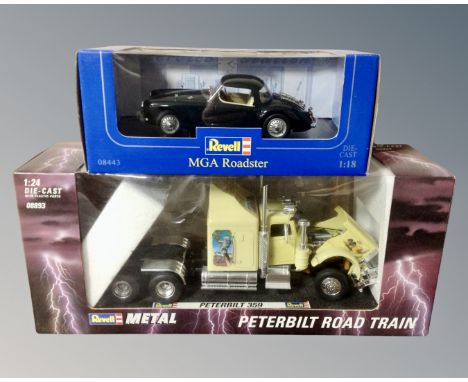 A Revell metal Peterbilt Road train 1.24 scale and a 1:18 scale Revell MGA Roadster (2)