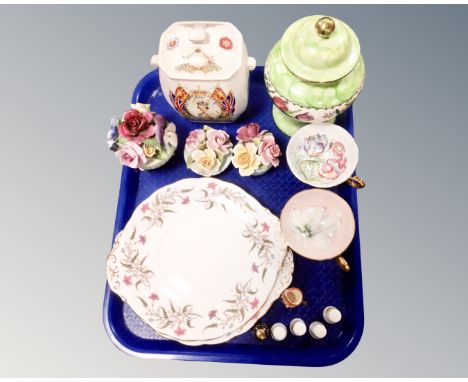 A tray containing Maling lustre lidded jar, china thimbles, china posies, Ringtons golden jubilee commemorative caddy.