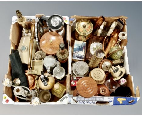 Two boxes of vintage soda syphon, beer steins, mantel clock, copper jug, egg timer, pair of brass lamps etc 