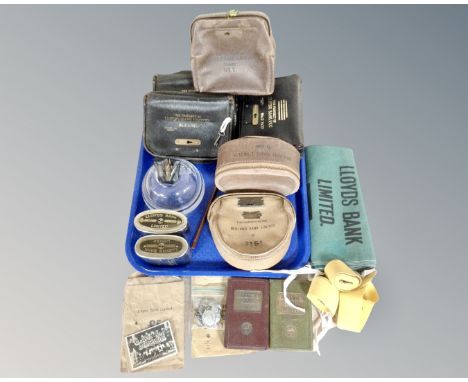 A tray containing vintage banking collectables including Lloyds Bank, Savings Bank, coin bags, box and bank books, Midlands b
