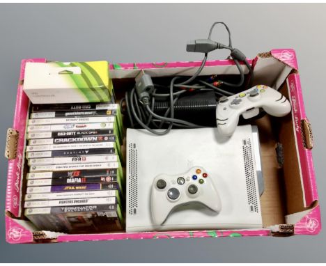 A box of Xbox 360 games, console and pair of controllers 