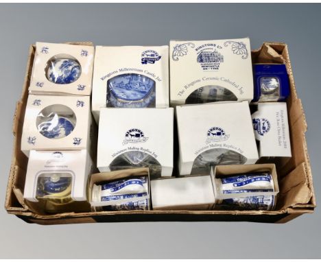 A box of Ringtons Millennium castles jar, Caddy, blue and white Willow pattern etc 