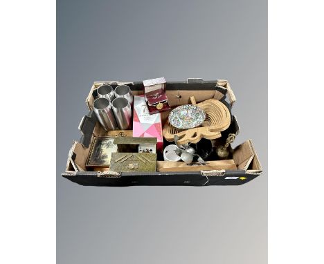 A box containing boxed Rotary wristwatch, playing cards, plated cutlery, brass hand bell, Cantonese bowl etc.