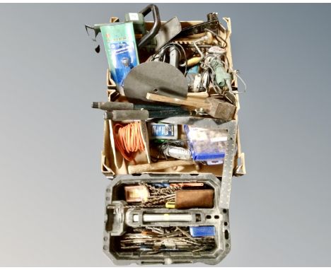 Three boxes containing power tools, grinding disc, extension lead, drill bits etc.