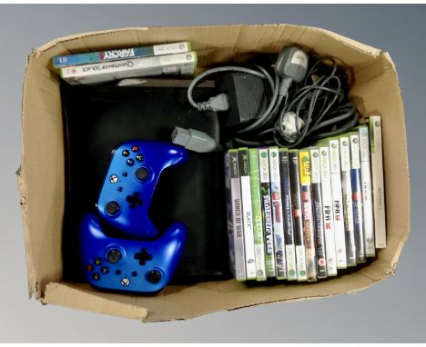 A box of Xbox 360 and Xbox games including Xbox 360 console and controllers 