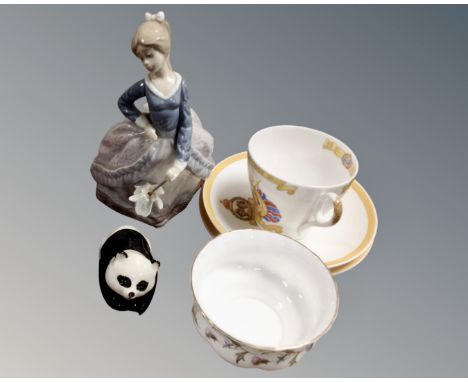 A Lladro figure, Girl with parasol, together with a Shelley commemorative china trio, a Beswick figure of a panda and a Royal