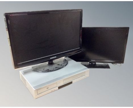 A Samsung DVD/VCR recorder together with two further LCD TVs by Samsung and Hitachi.