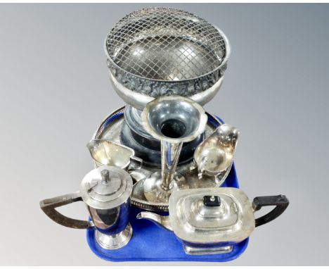 A tray containing vintage plated wares including rose bowl on stand, circular gallery tray, tea ware etc.