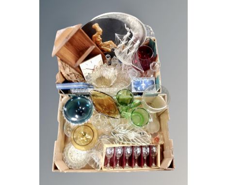Two boxes of vintage and later glass, galleried silver plated tray, wooden corner bracket, boxed glass 