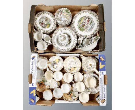 Two boxes containing assorted 20th tea china including 'The Hunter' by Myott, Jane Ridge Burslem ware etc. 