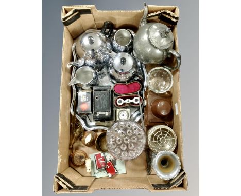 A box of silver plated items, set of scales, old camera, pair of opera glasses in case etc 