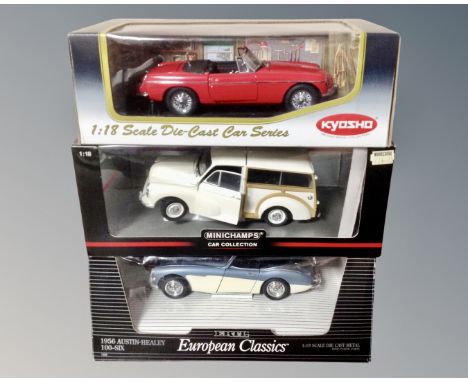 Three 1:18 scale die cast vehicles : Mini Champs car collections, Kyosho Original and European Classic Austin Healy 