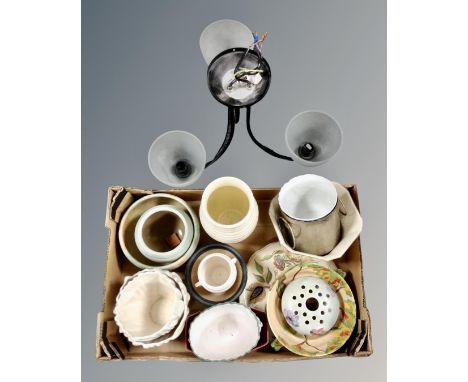 A contemporary three light fitting together with a box containing 20th century stoneware pots and planters, Radford hand-pain