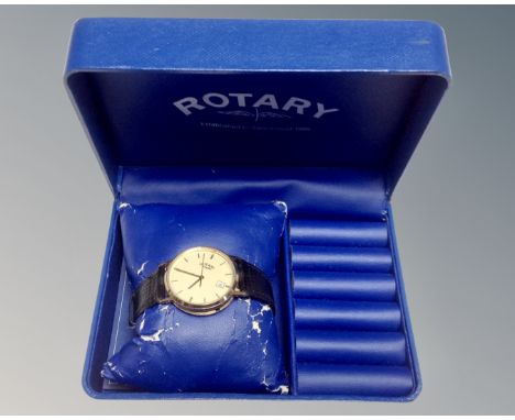 A gent's 9ct gold Rotary quartz calendar wristwatch in box (lacking crown, requires restoration). 