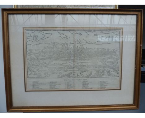 A city map taken from a leaf of a German manuscript, framed so can be viewed from both front and back together with an OS Wan