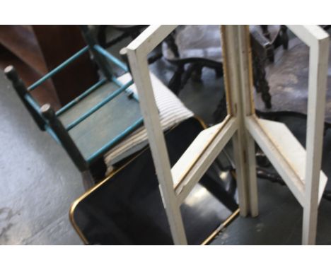Two vintage black lacquer trays with gold edging, 'Lumium' marks en verso together with a wooden milking stool, a small green