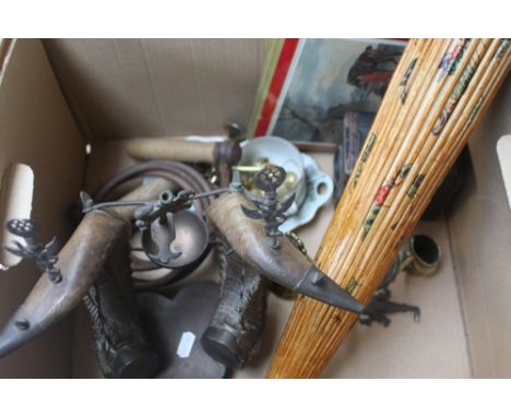 An Indian rams horn desk stand, with inkwell, with a parasol, Brownie Kodak camera, a vintage skipping rope, a set of six pla