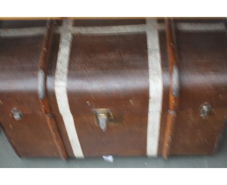 A late Victorian wood banded trunk, BB painted to the end, 80cmW