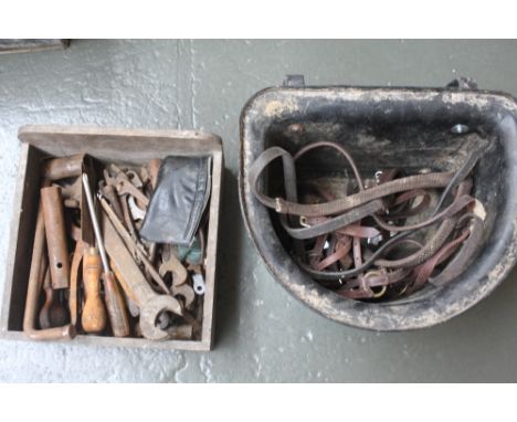 A tray of vintage tools including pliers, a box of various items including furniture mounts and a feed bucket and some reigns