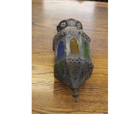 Vintage circa 1960s Moroccan metal hanging lantern with coloured glass 38cm long